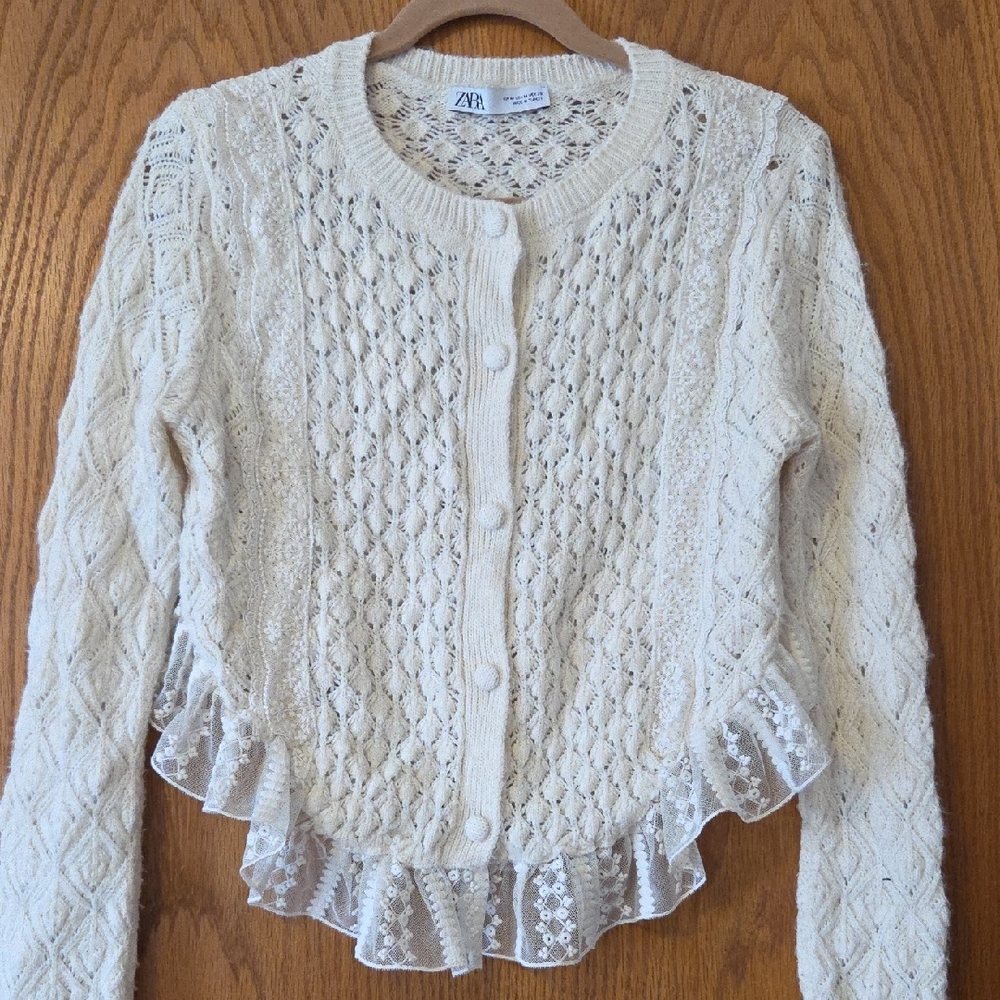 Zara Cream Lace-Trimmed Cardigan